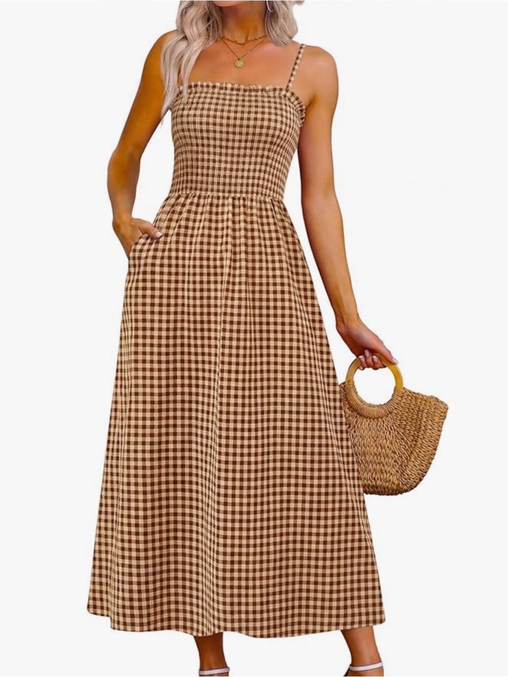Summer Gingham Brown Maxi Dress with Spaghetti Straps